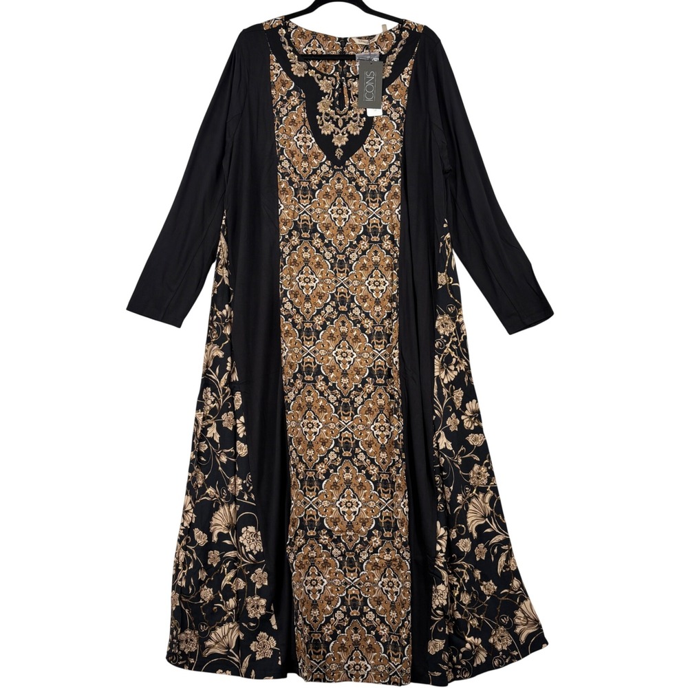 Soft Surroundings Icons Maxi Dress Women 2X Black Tan Embroidered Sequin 5GN38